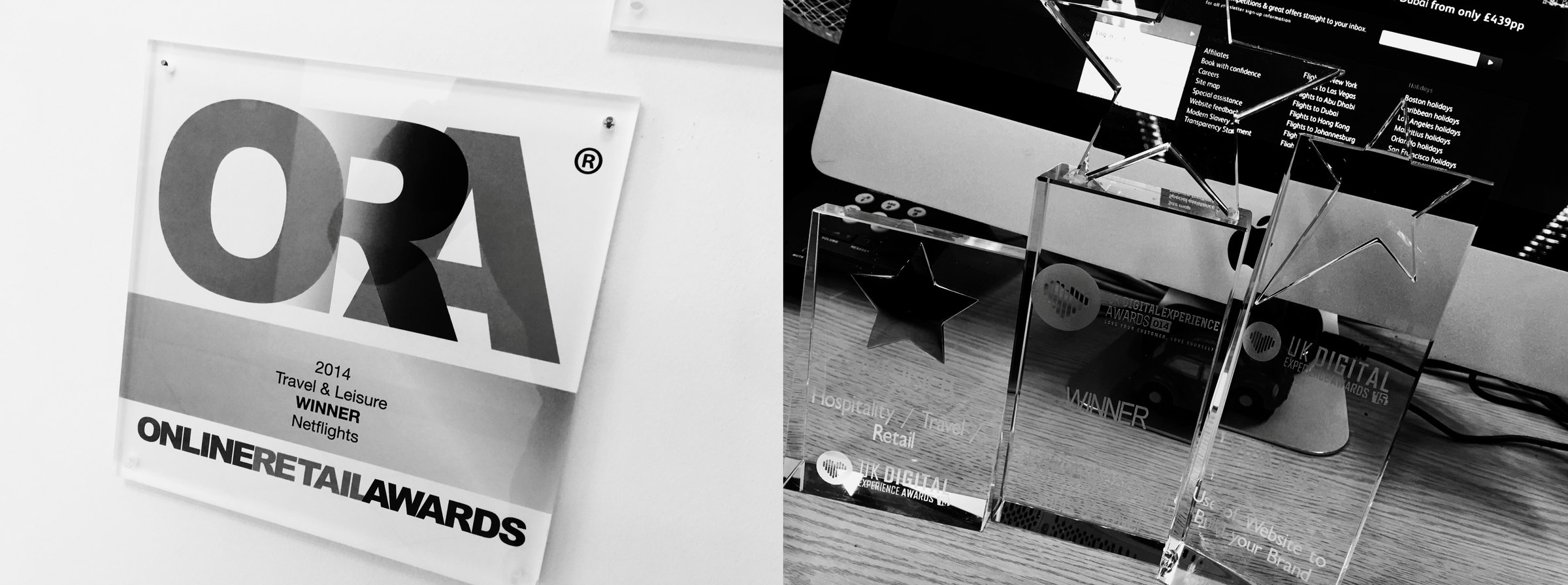 Award trophies and plaques, including the Online Retail Awards 2014 Travel & Leisure Winner plaque for Netflights, and UK Digital Experience Awards trophies for Hospitality, Travel & Retail