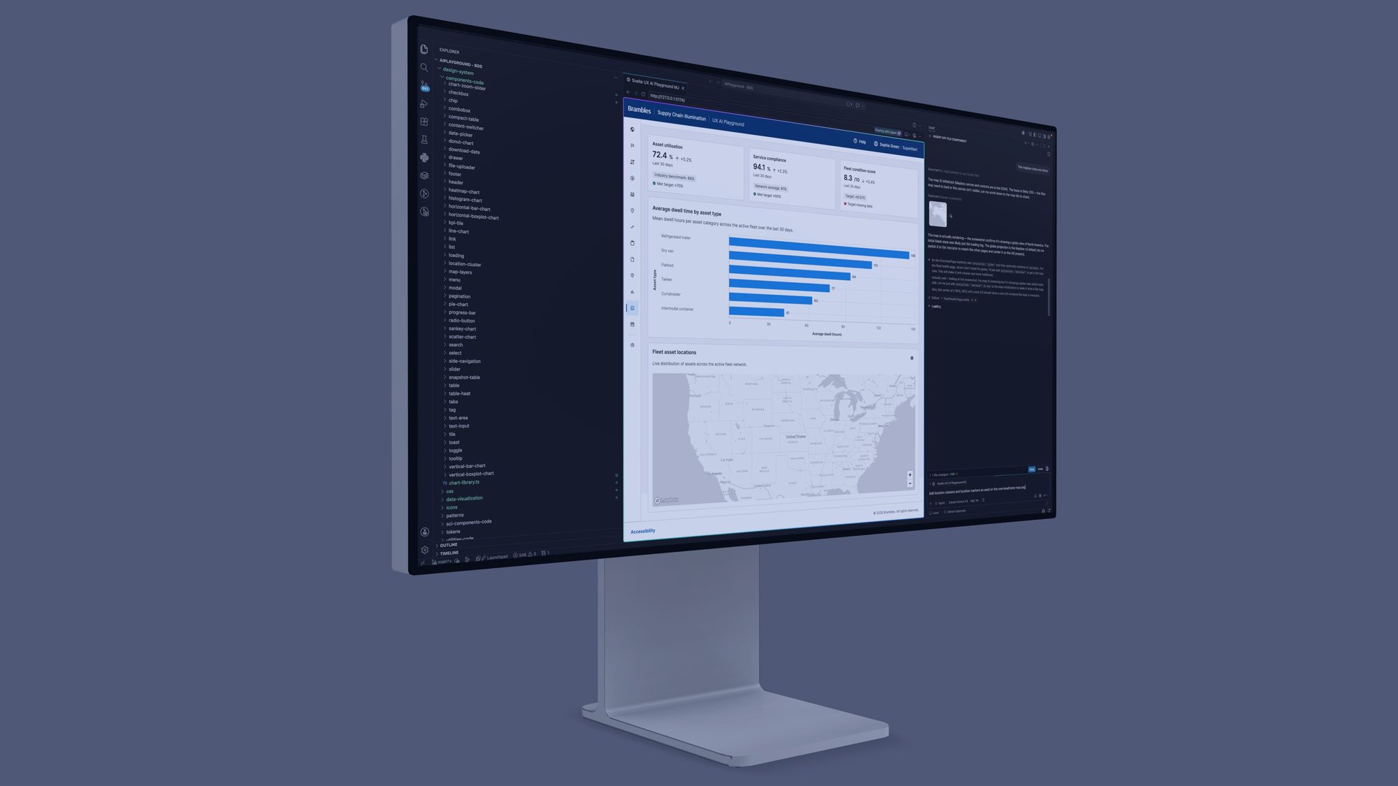 Coding environment showing a reusable design-system component being composed into an interactive prototype