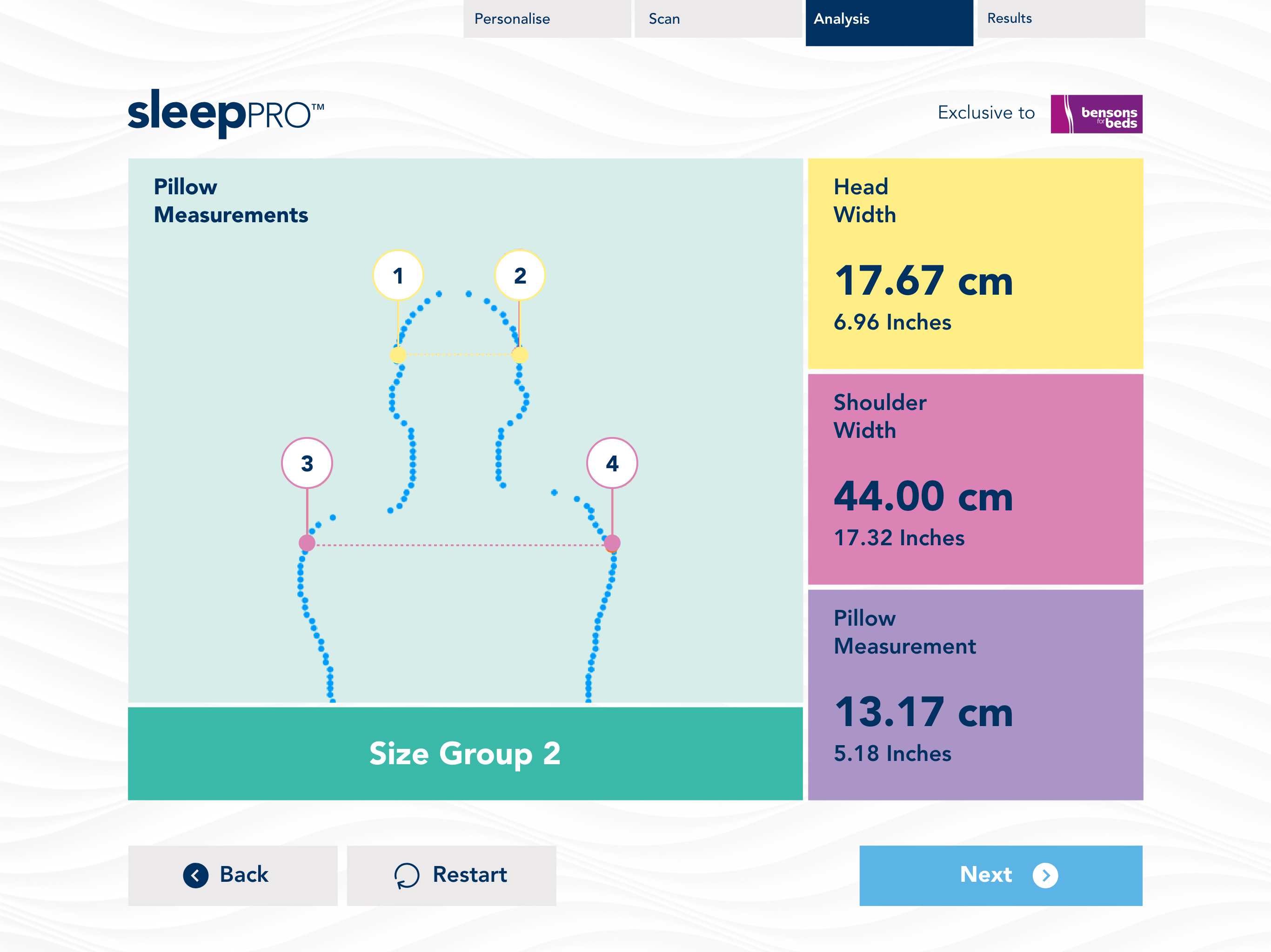 Optimised Sleep Pro analysis screen showing pillow measurements: head width, shoulder width and pillow measurement, resolving to a size group