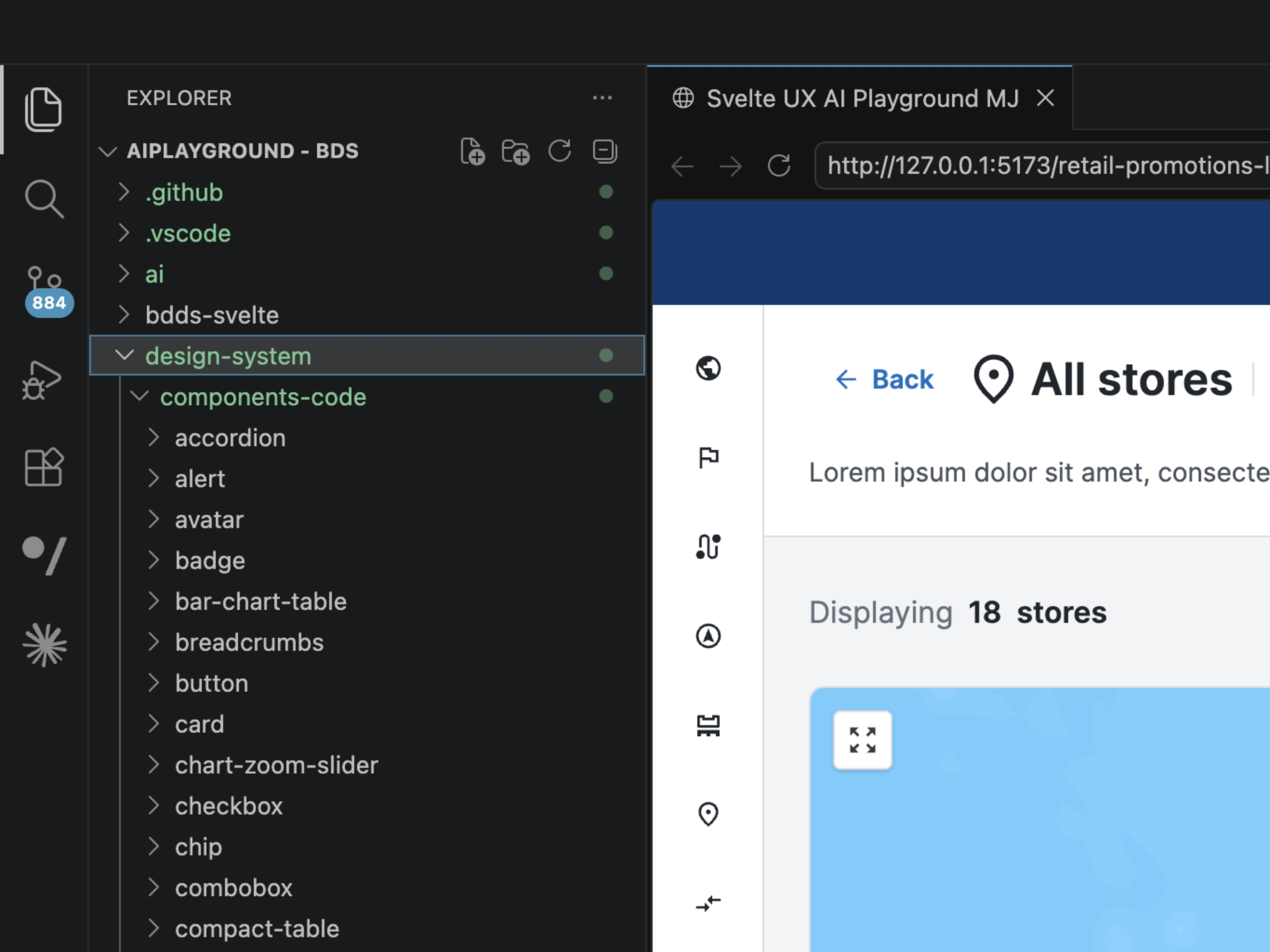 VS Code file explorer showing the component library folder structure, alongside a live browser preview of a component rendered in a prototype
