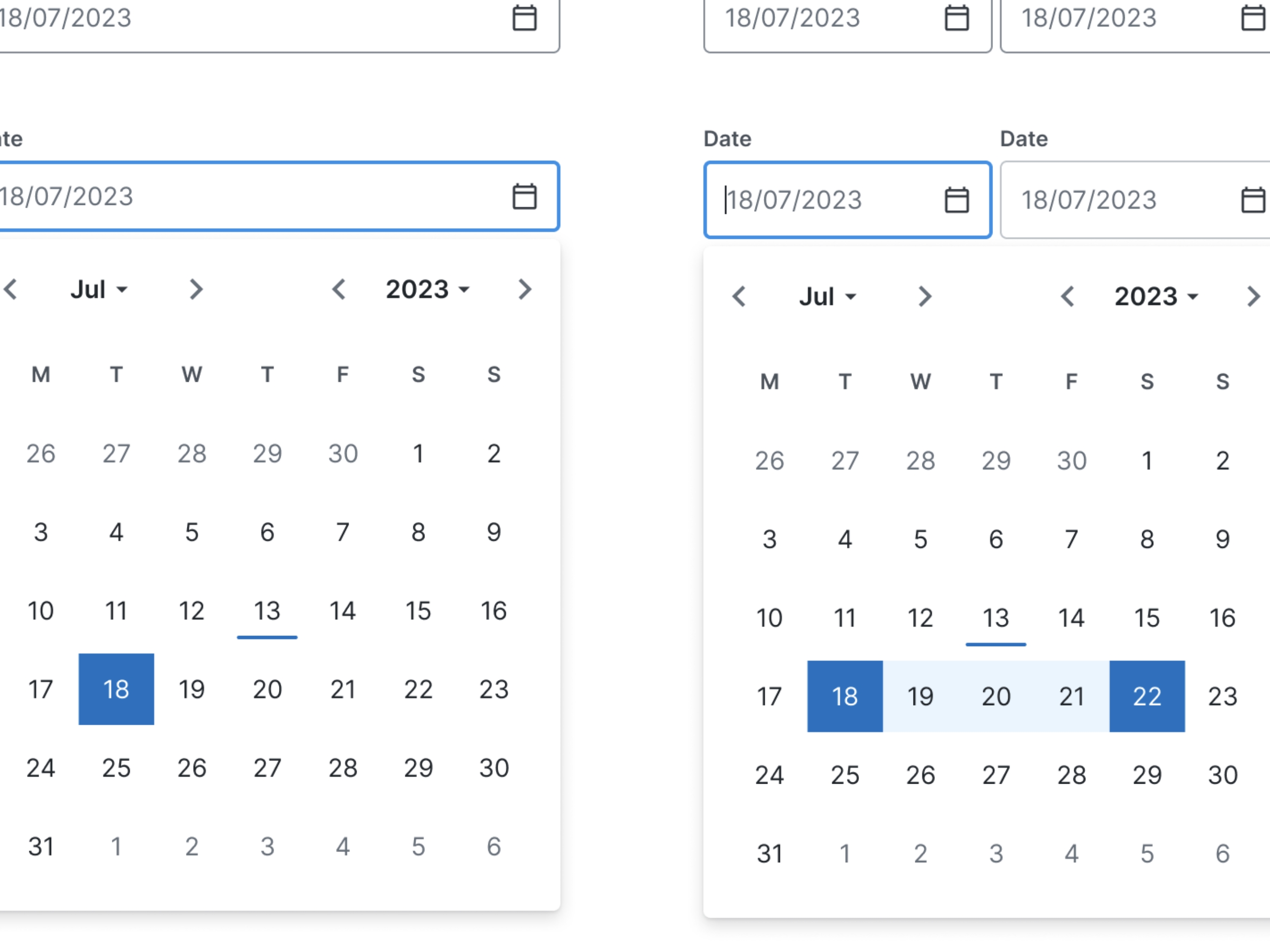Design system component shown consistently across two different date-range picker instances, both drawing from the same tokens
