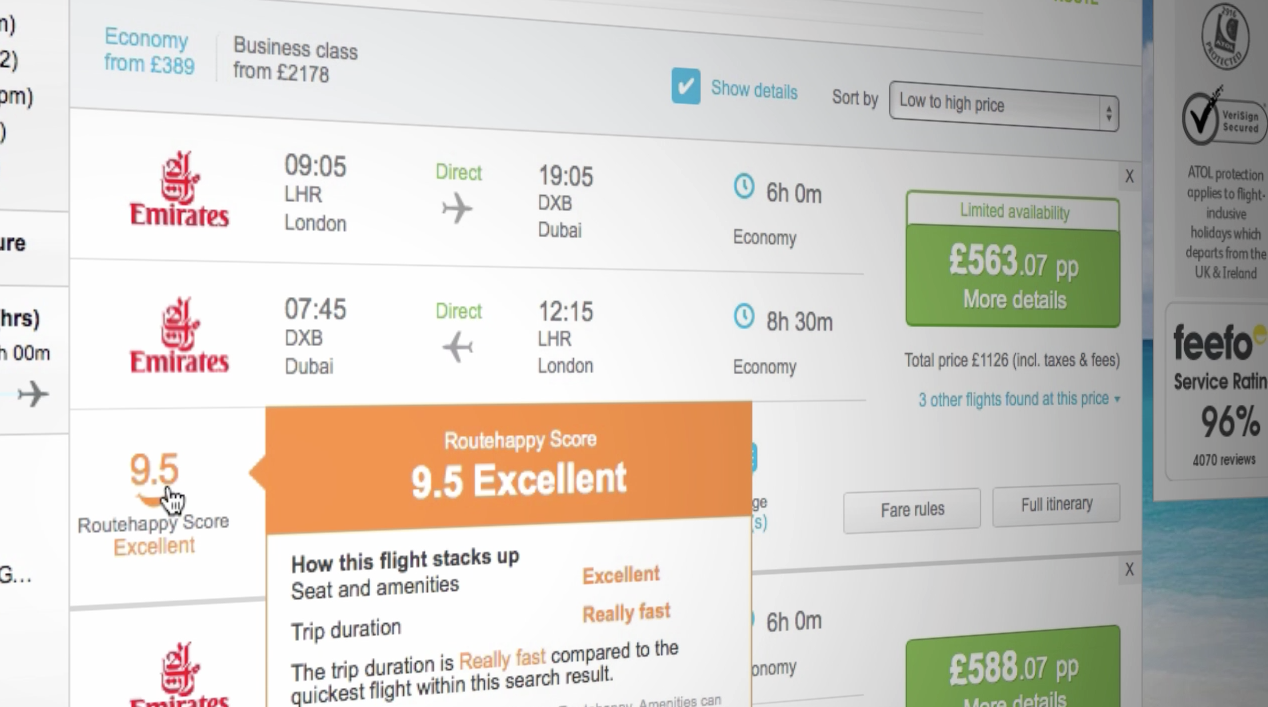 Emirates flight result showing the Routehappy score, trip duration, seat and amenities score, and meal indicator