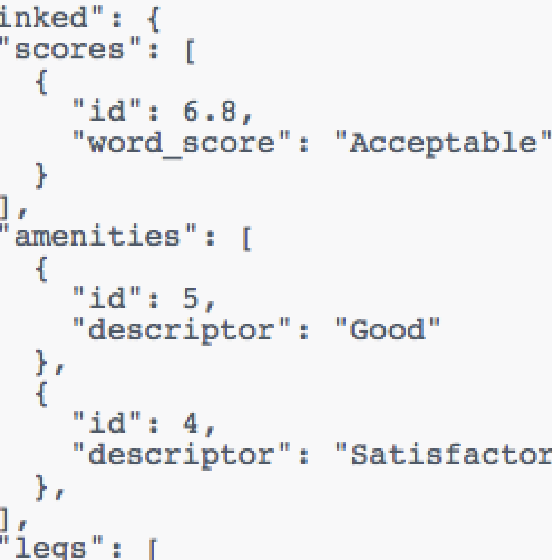 Raw JSON response showing Routehappy score and amenity data feeding the build