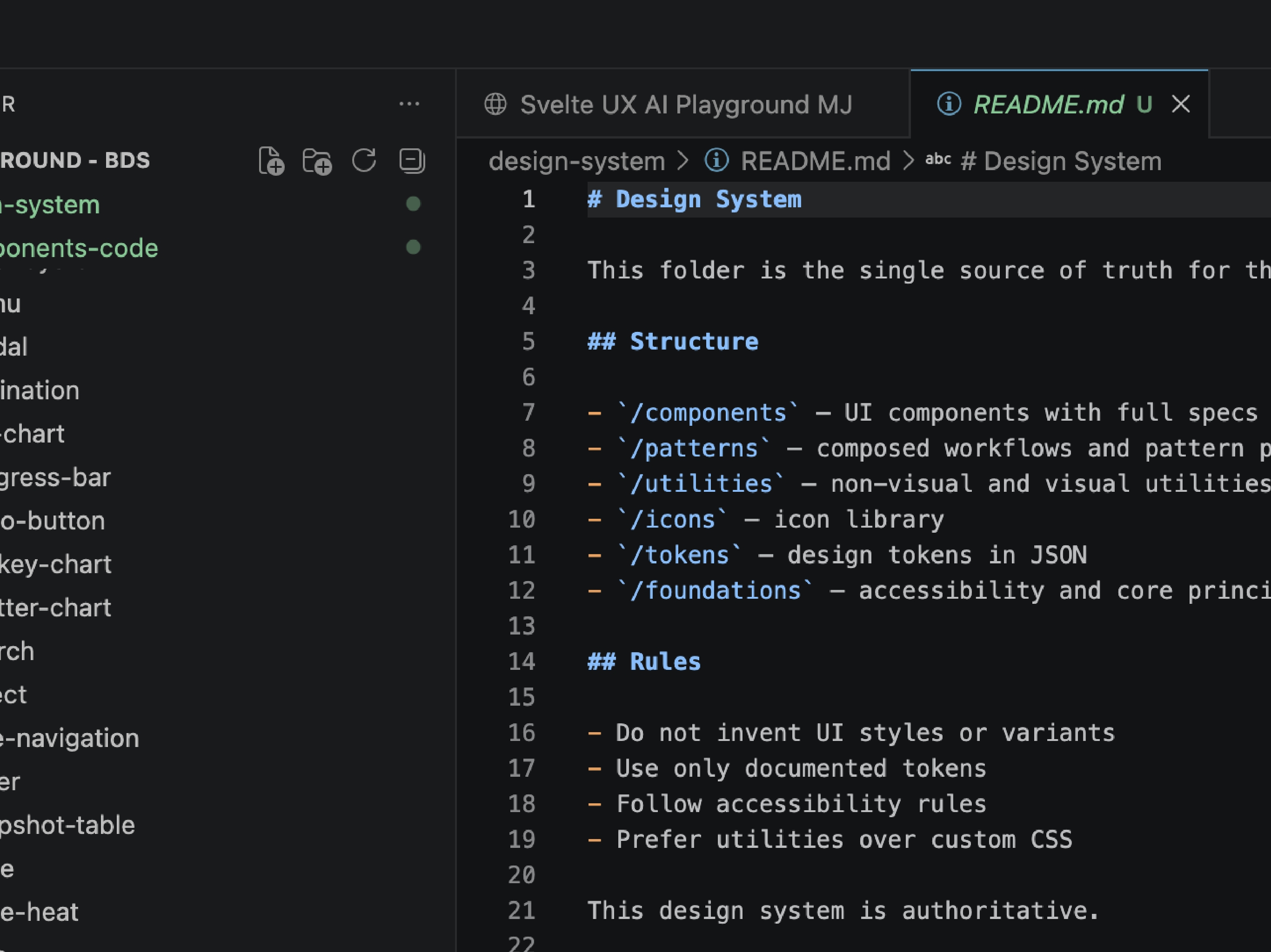 Markdown README documenting the design system's structure and rules, including using only documented tokens and following accessibility rules