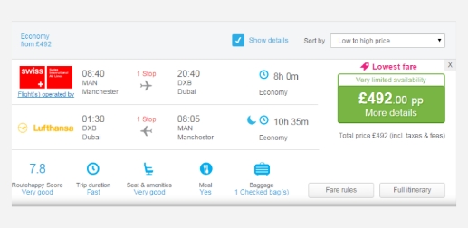 Control: flight search results list with price only