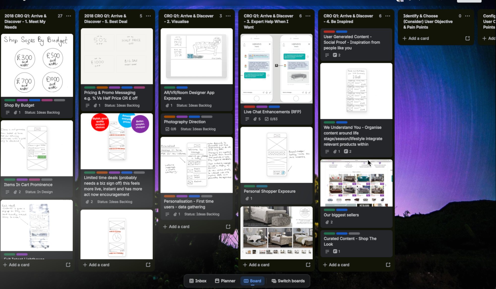 Trello board showing competing proposals tagged Ideas Backlog, In Design and other statuses across lists such as Meet My Needs, Best Deal, Visualise, Expert Help When I Want and Be Inspired, including sketches, pricing and promo concepts, and AR/VR room designer ideas