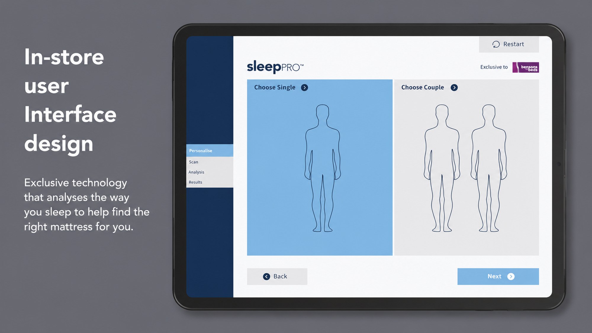 SleepPRO in-store kiosk interface on a tablet: exclusive technology that analyses the way a customer sleeps to help find the right mattress, showing the Choose Single or Choose Couple personalisation step