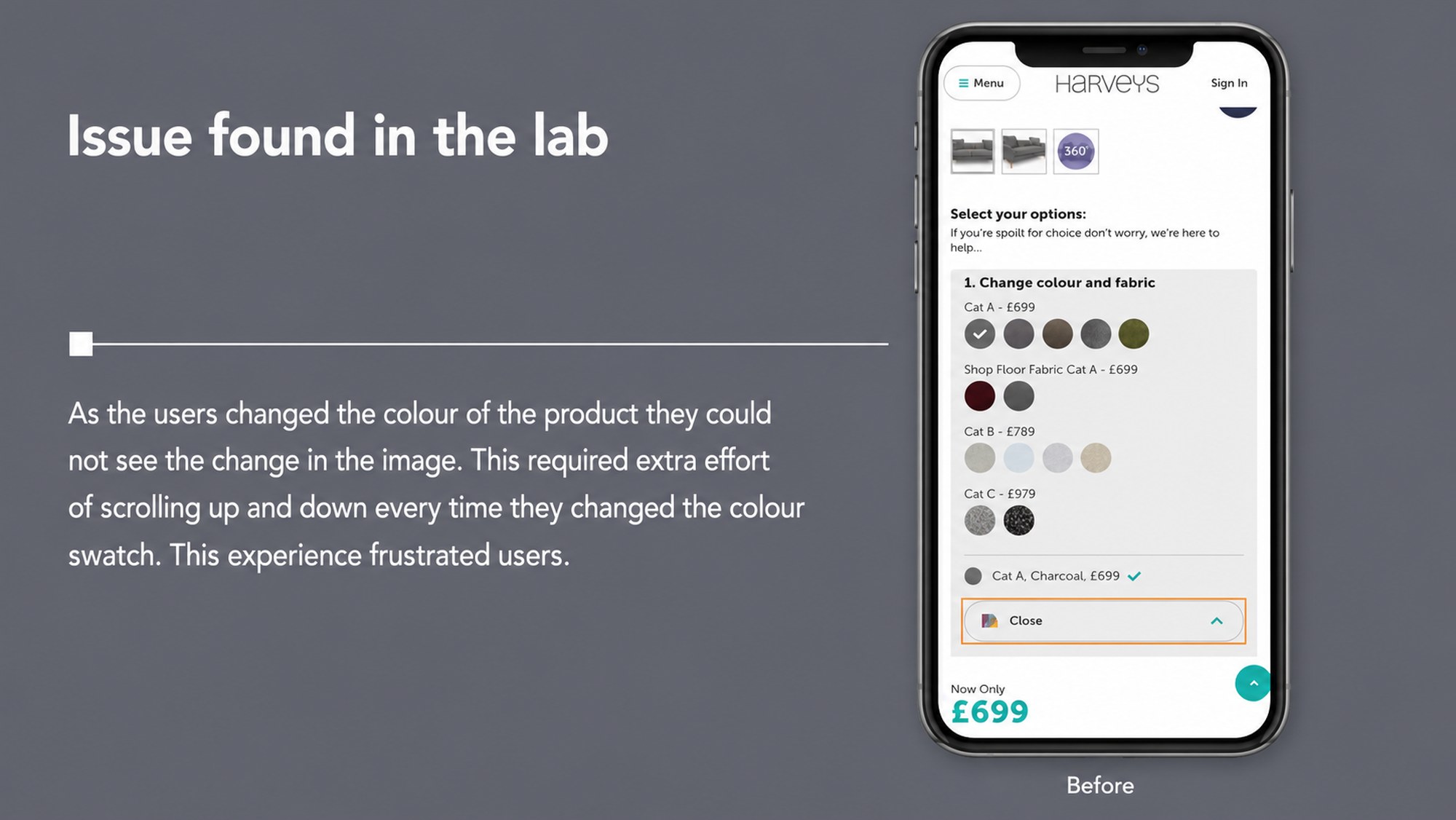 Before state: colour swatches sat in a panel below the product image on Harveys' mobile PDP, so changing colour required scrolling up to see the change take effect, then back down to keep choosing