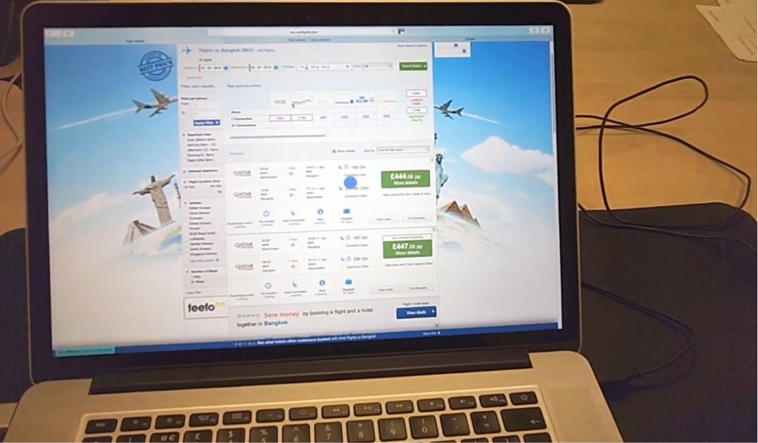 Usability lab session: a participant's laptop running eye-tracking software over the Netflights.com flight search results