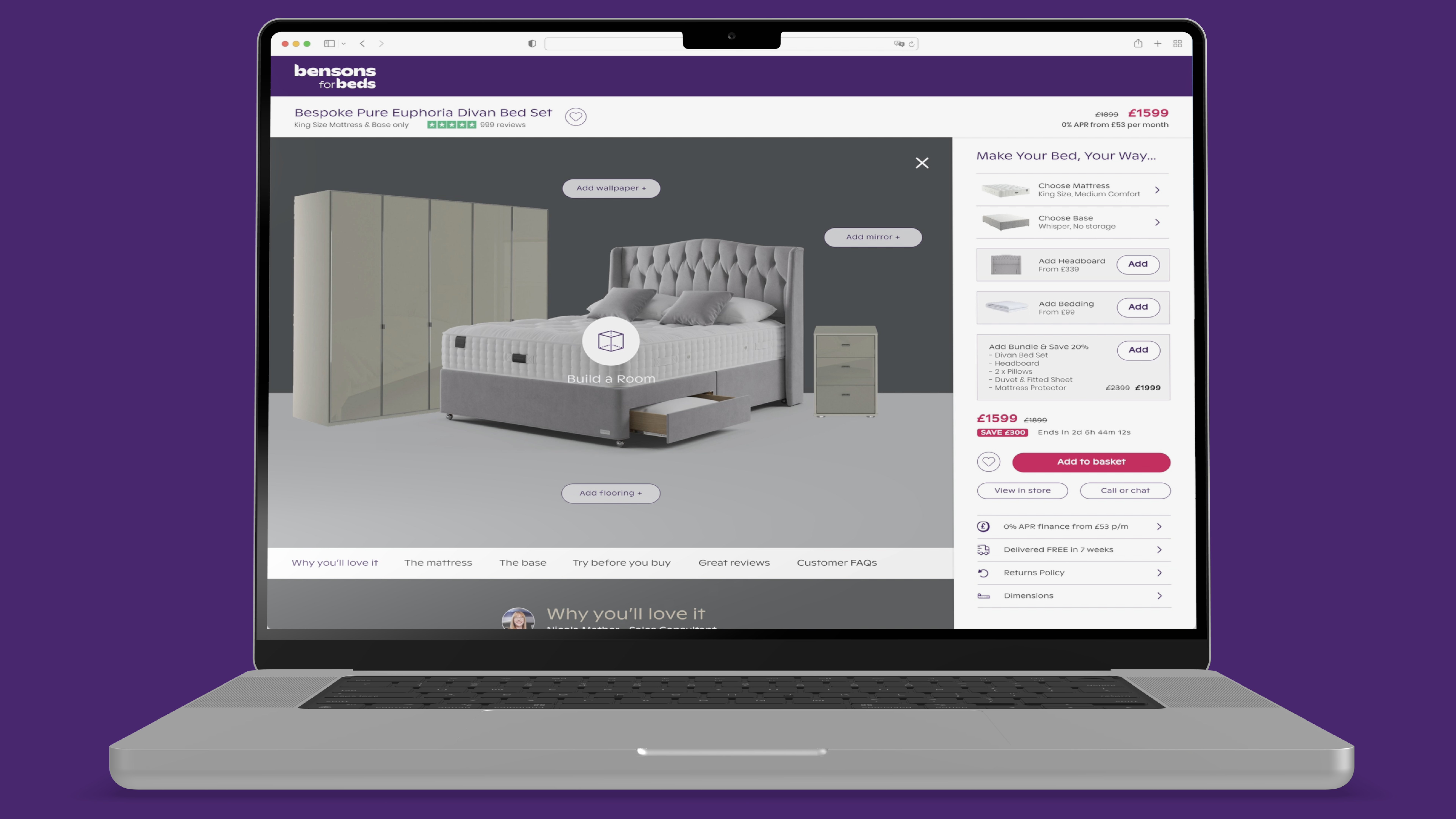 Desktop configurator for building a full bedroom around a bed, adding a headboard, bedding and a bundle discount