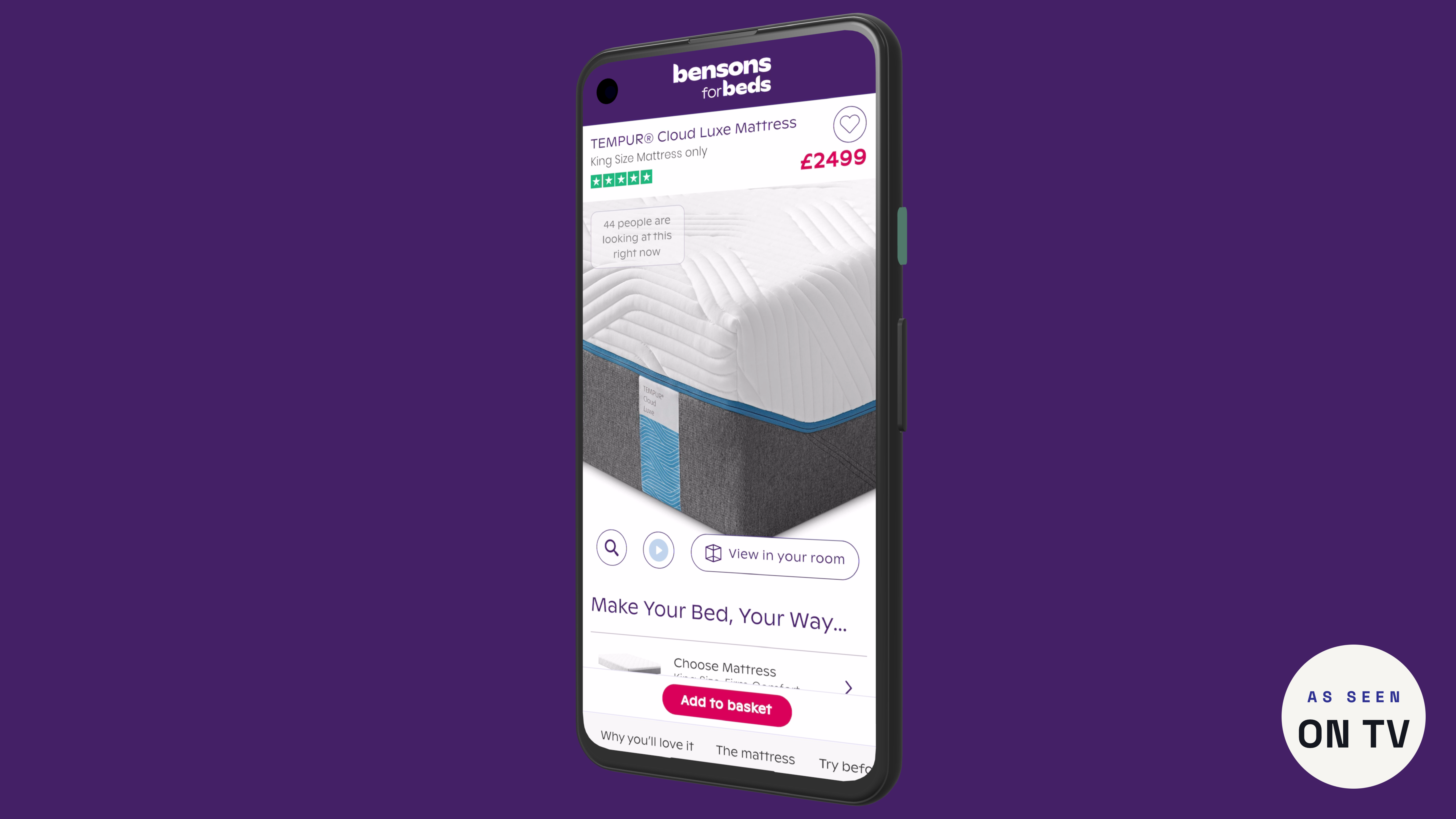 Mobile product page for a mattress, showing price, reviews and a live viewer count