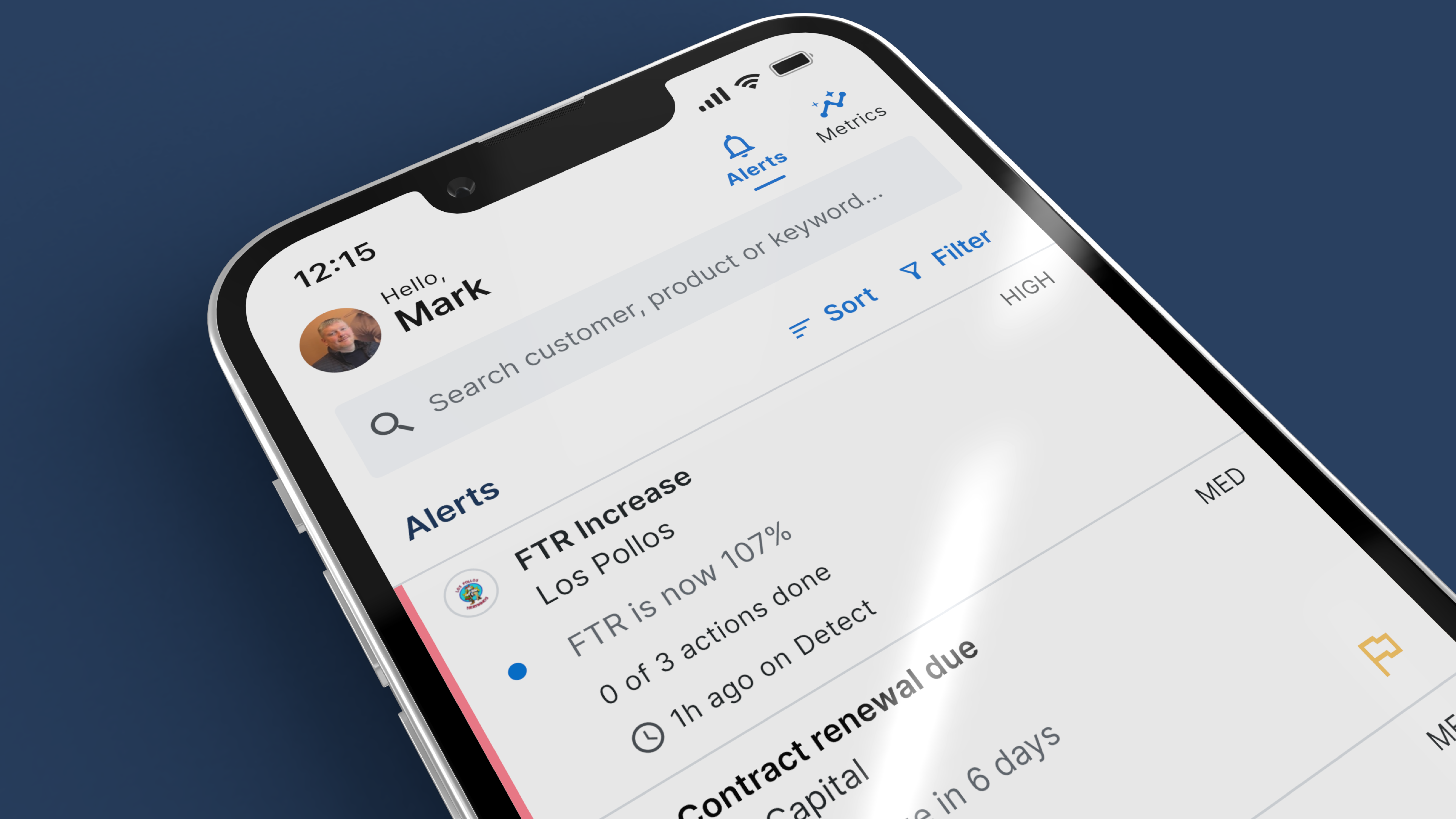 Mobile alerts view surfacing a flow-through-rate spike and a contract renewal, sorted by priority