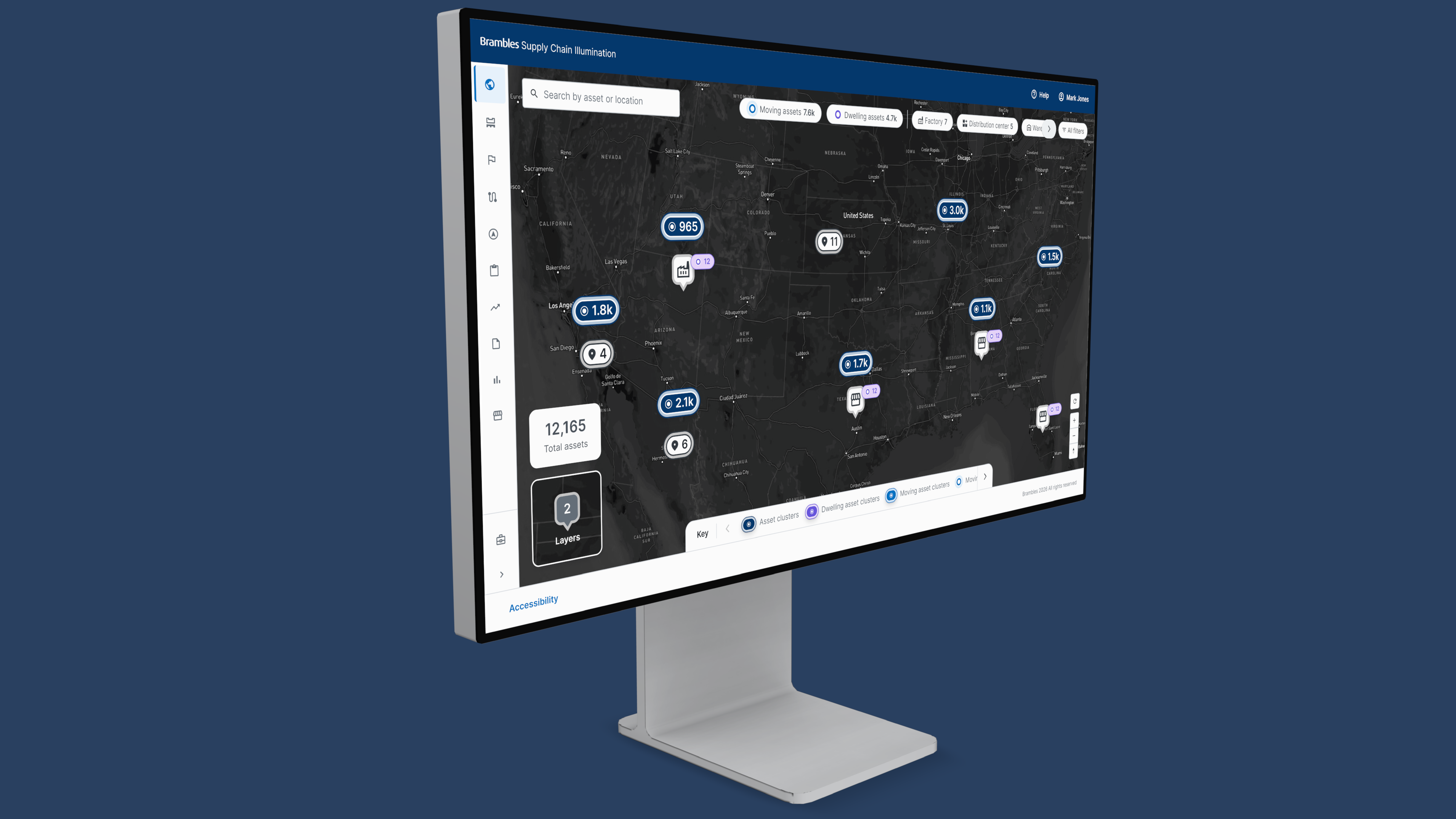 Large-format command-centre map showing live moving and dwelling asset clusters across a network