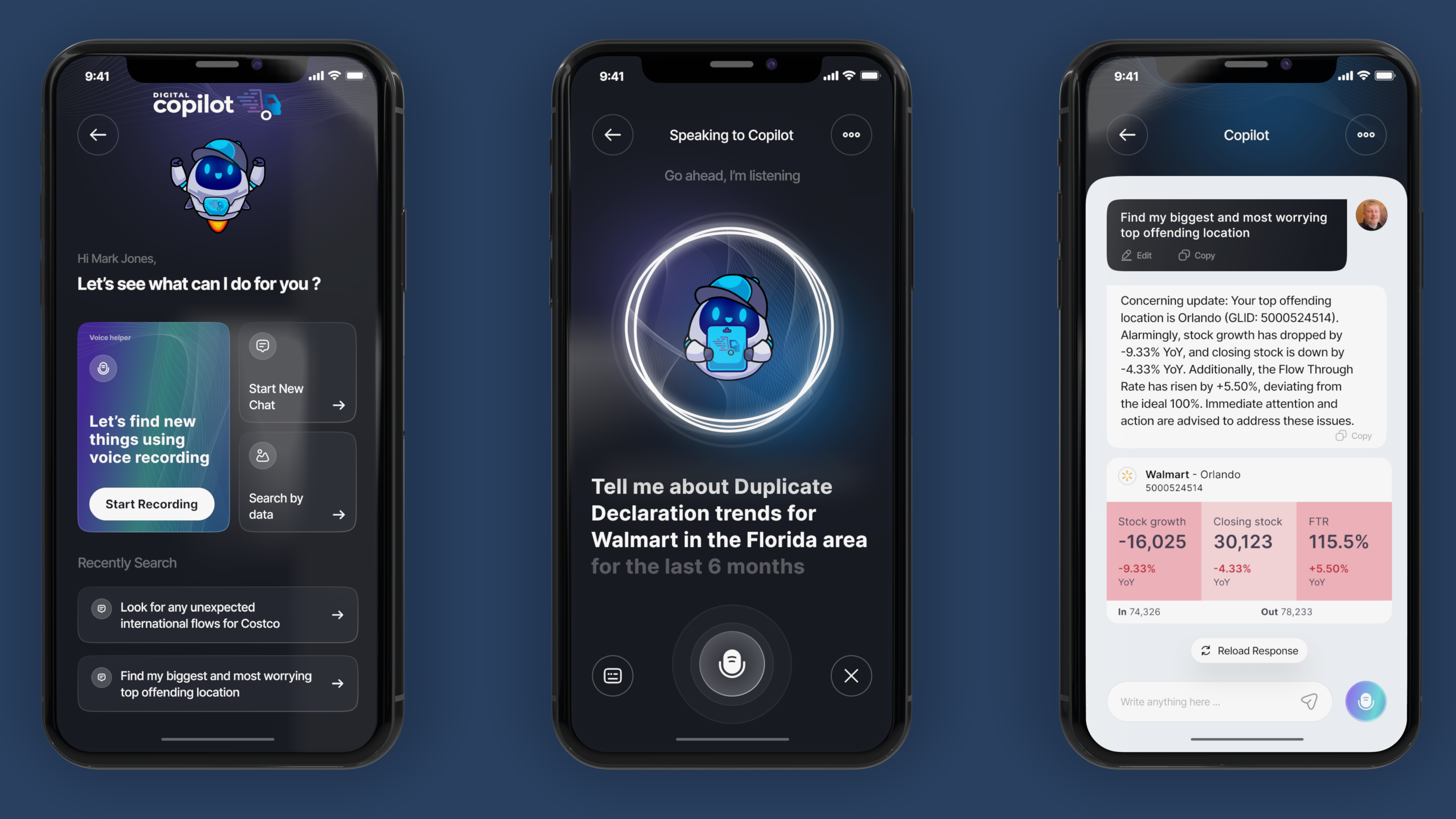 Three-screen flow for an AI assistant answering a supply-chain question in natural language, with sourced data in its reply