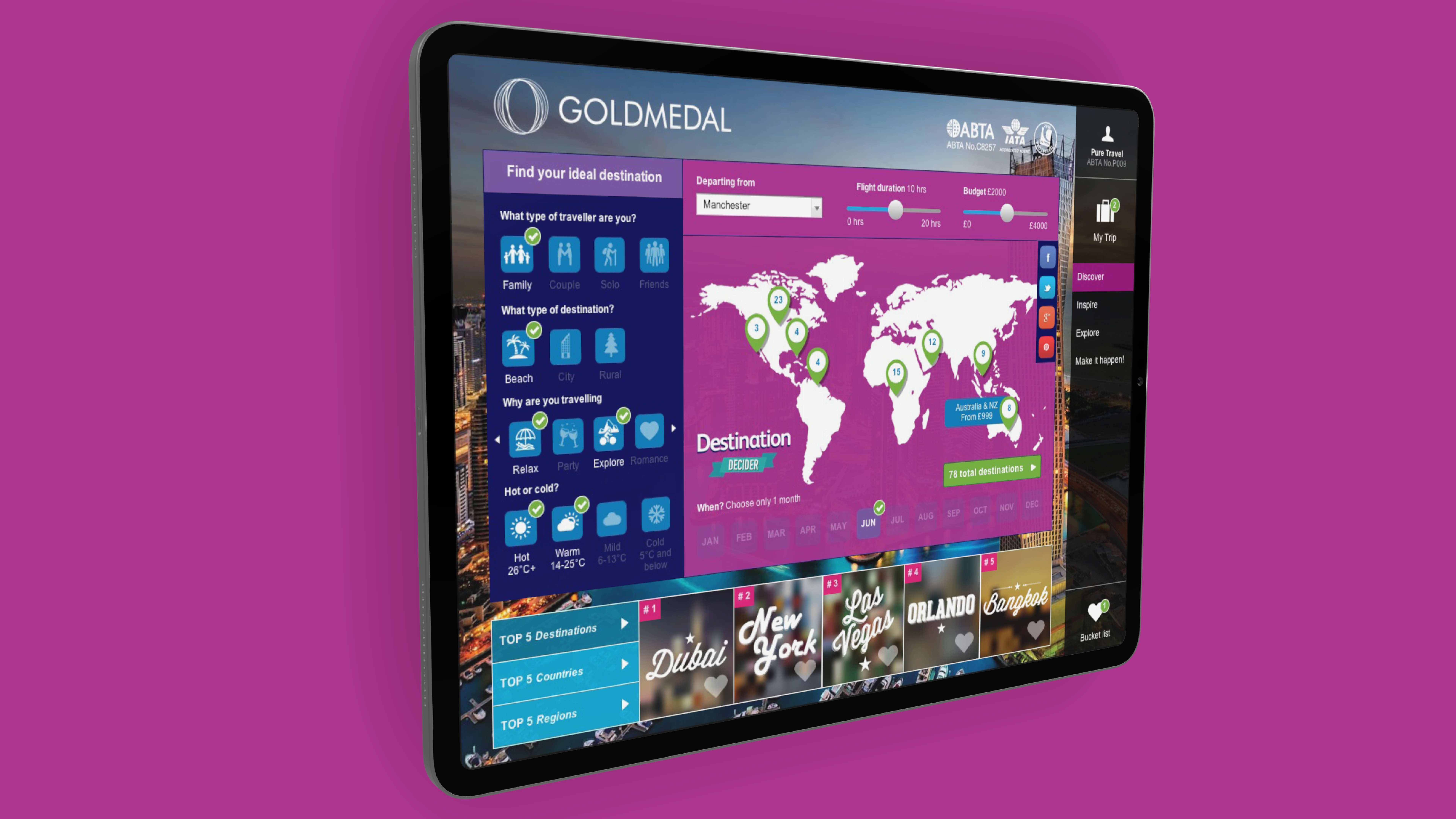 In-store kiosk tablet showing the Goldmedal Travel destination decider tool, with traveller preferences and a world map of matching destinations