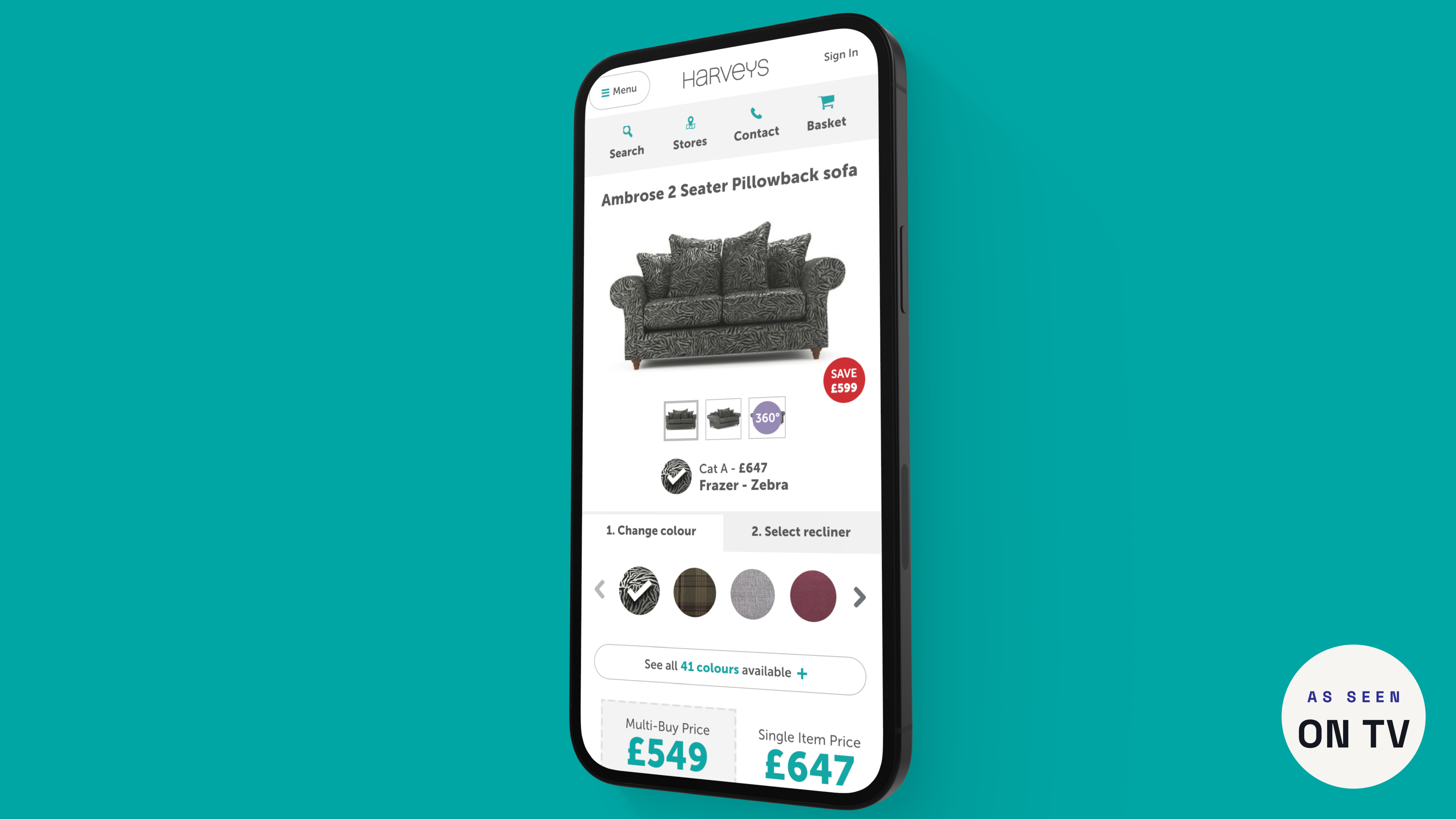Mobile product page for a two-seater sofa, with fabric colour options and multi-buy pricing