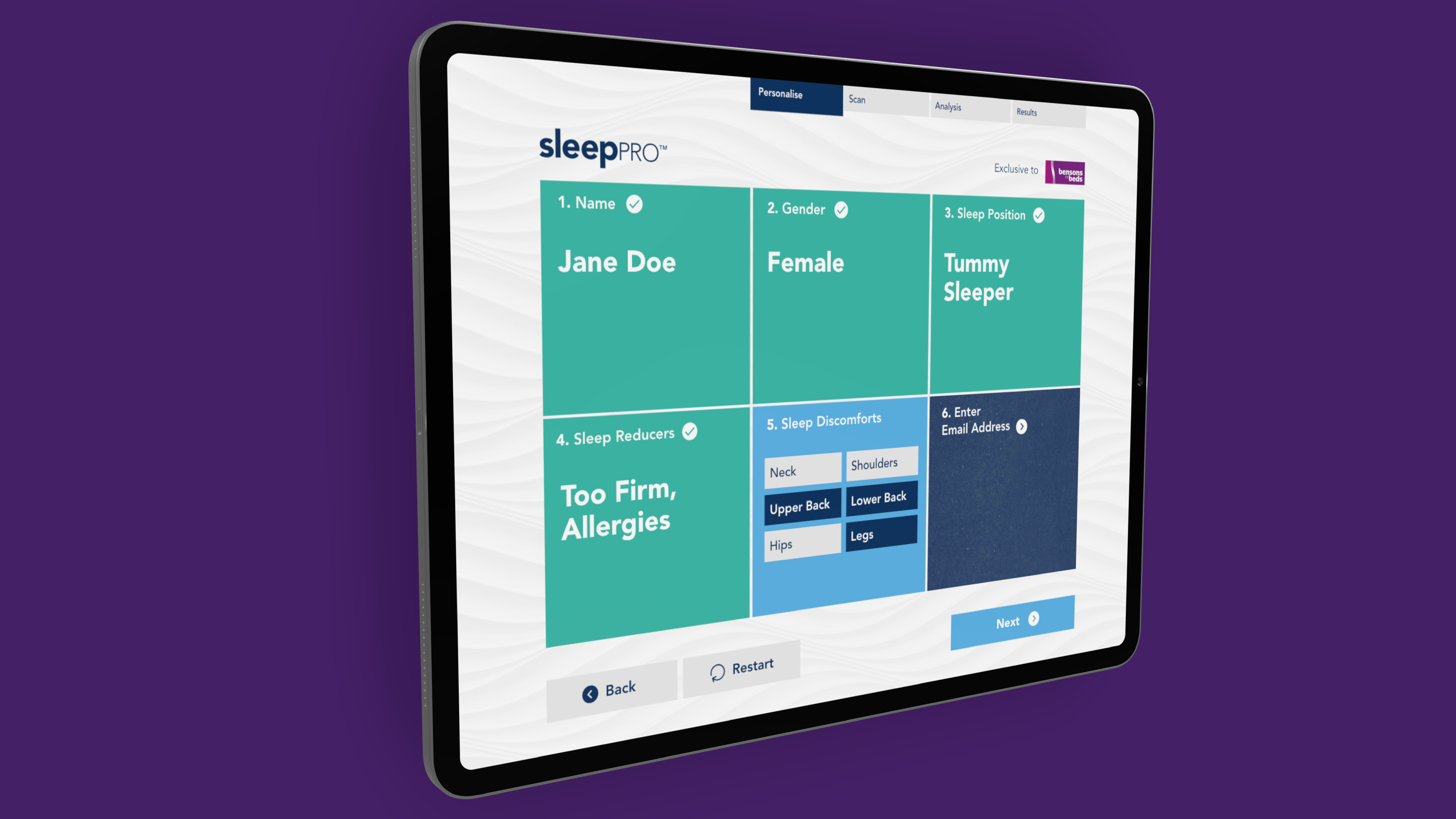 In-store tablet screen capturing a customer's sleep position and pressure points before recommending a mattress
